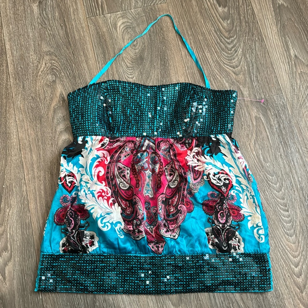 2B Bebe Teal and Pink Halter Top